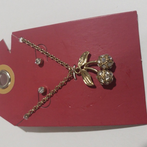 Gold-tone Cherry Pendant Necklace & Crystal Stud Earrings – Women's Jewelry - Picture 6 of 8